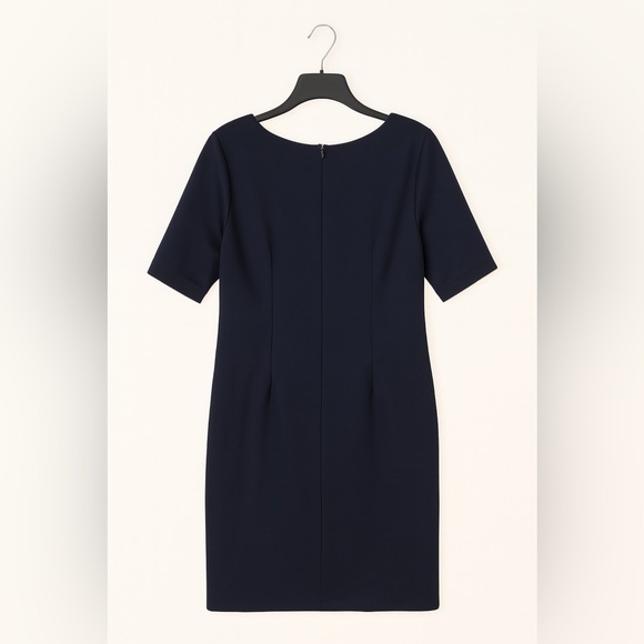 Connected Apparel Navy Blue Dress 14 Slit Neck Stretch Tan Front Panel Classic - Picture 3 of 5